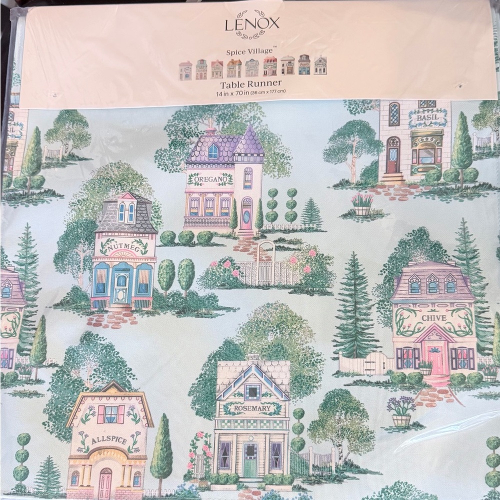 Lenox Spice Village Table Runner with Blue and Pastel Hues 14x70